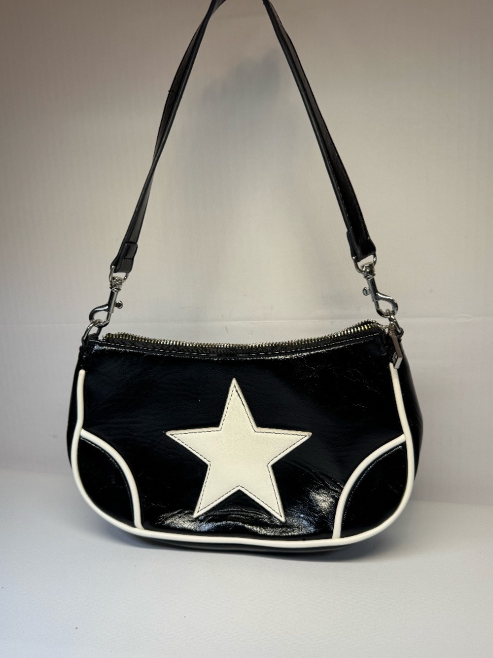 Silence + Noise Black Patent Star Baguette Shoulder Bag Y2K Retro Purse
